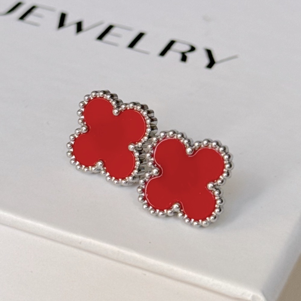 Red Clover Earrings Stainless Steel Silver Tone